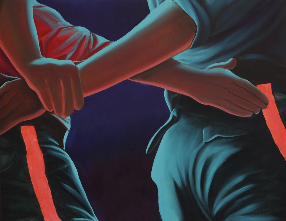 A vibrant colourful painting of two people with one person grabbing the other person's wrist.