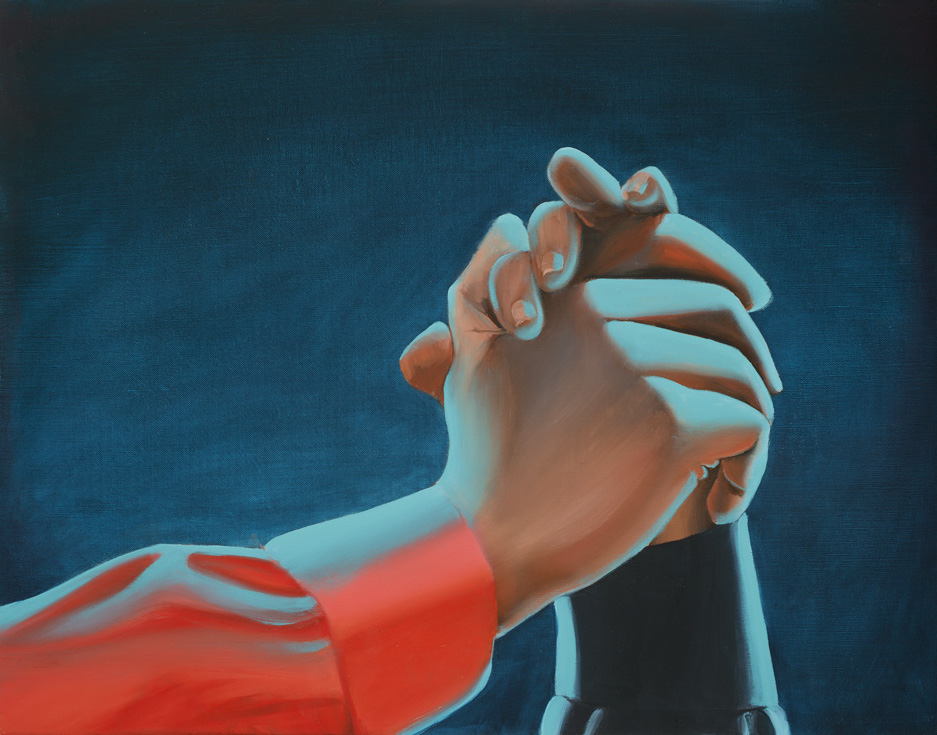 A painting of two hands being held up in the air, grasping each other.