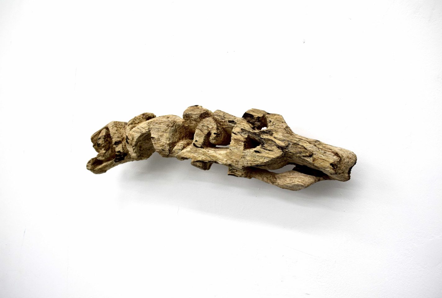 An artwork by Emma Ogawa Todd. Driftwood is presented on a white wall.