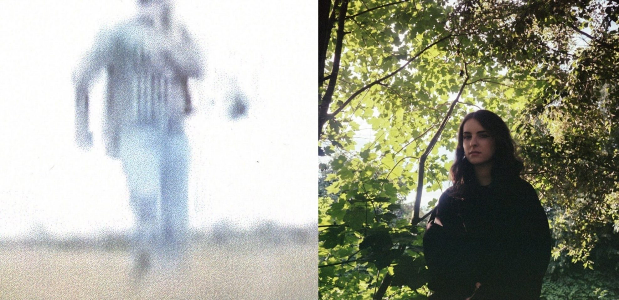 A blurry photograph of a person running towards a camera. Beside this image is a second photo, of a person with brown hair standing in front of lots of green trees.