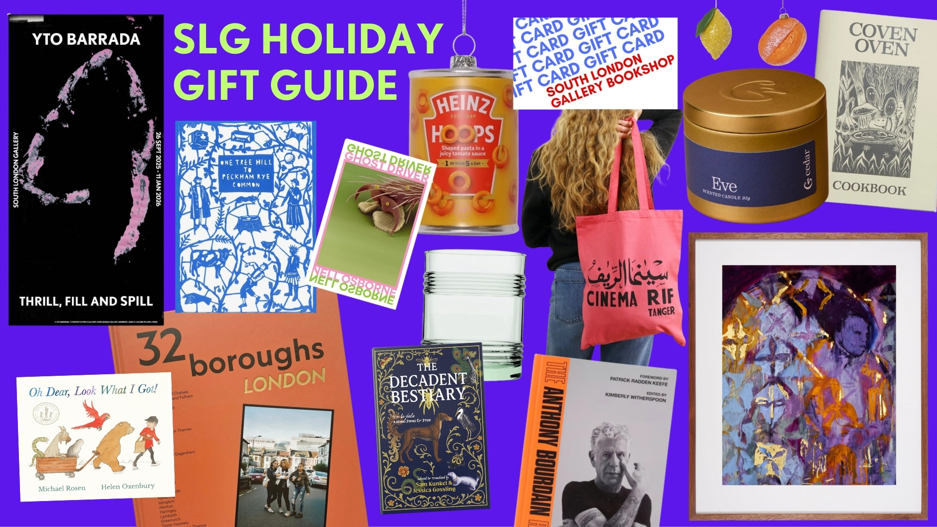 A Christmas Gift Guide from the South London Gallery including art, books, candles and tree decorations.