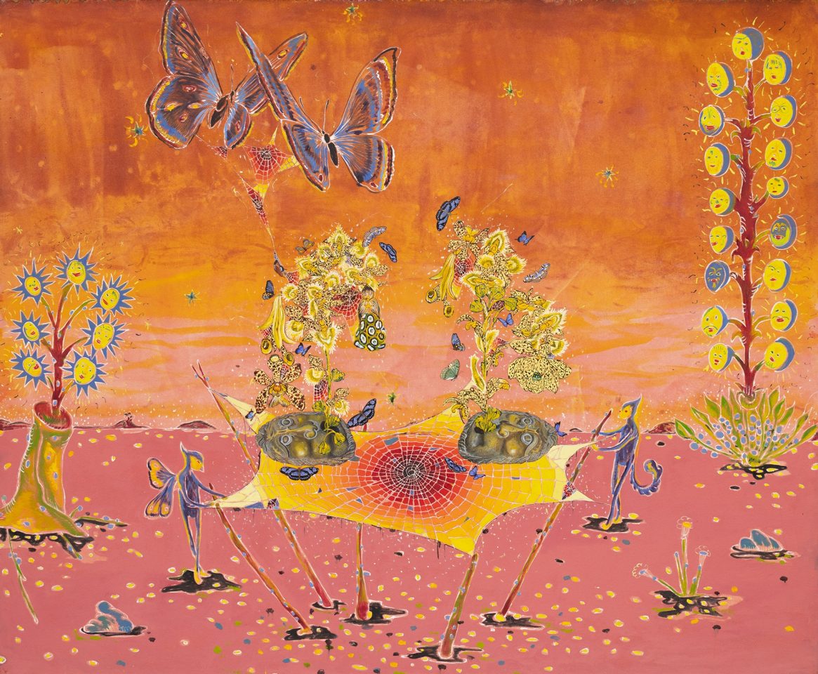 A colourful painting by Paulo Nimer Pjota with butterflies, plants and strange fantastical figures.