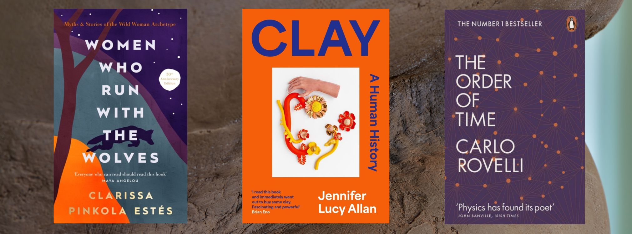 Three book covers overlaid a clay artwork by artist Ranti Bam.