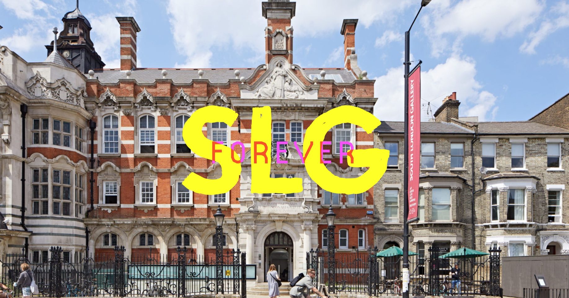 A photo of the front of the south london gallery with a logo overlaid. The logo says SLG Forever, and is for the 135th anniversary fundraising campaign.