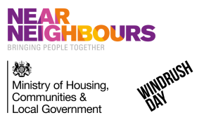 Logo block with Ministry of Housing, Communities & Local Government, Near Neighbours and Windrush Day Logos
